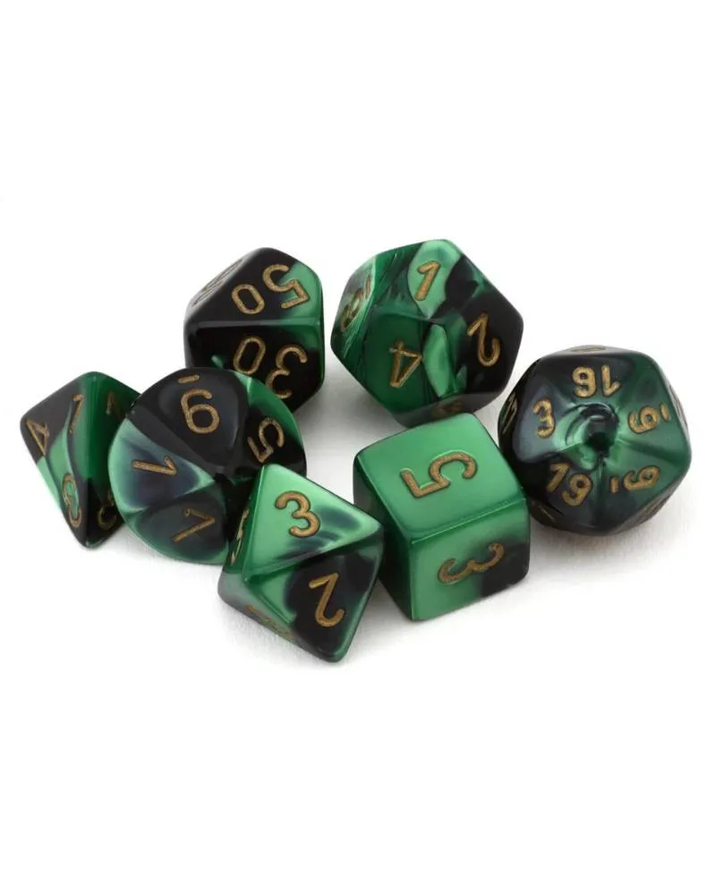 Kockice Chessex - Gemini - Polyhedral - Black-Green & Gold (7) 