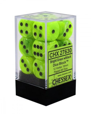 Kockice Chessex - Vortex - Bright Green & Black - Dice Block 16mm (12)