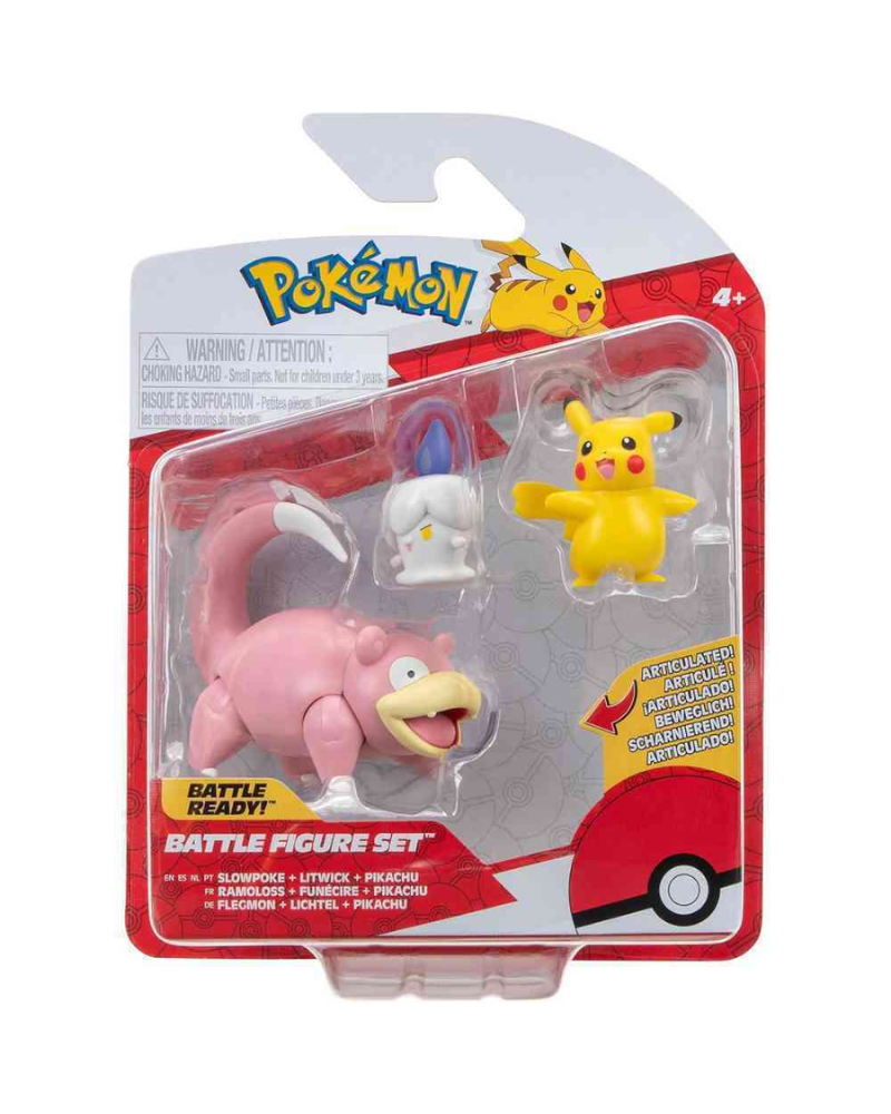 Pokemon Battle Figure Set - Pikachu (Female), Litwick And Slowpoke - Battle Read 