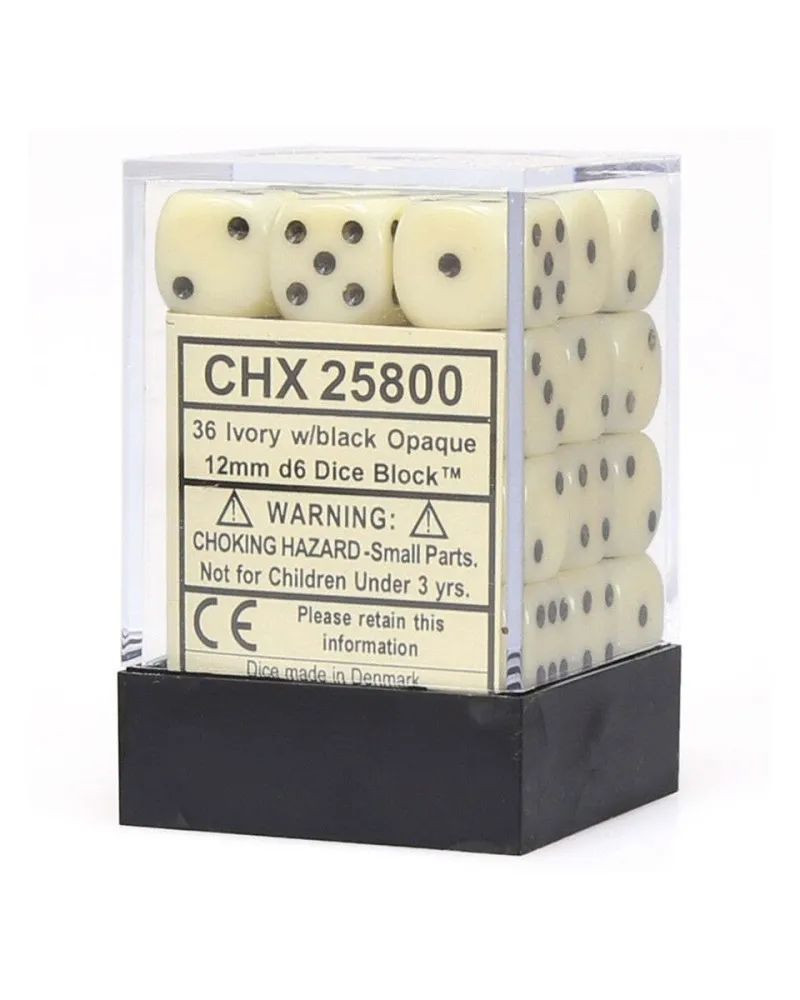 Kockice Chessex - Opaque - Ivory & Black - Dice Block (36) 12mm