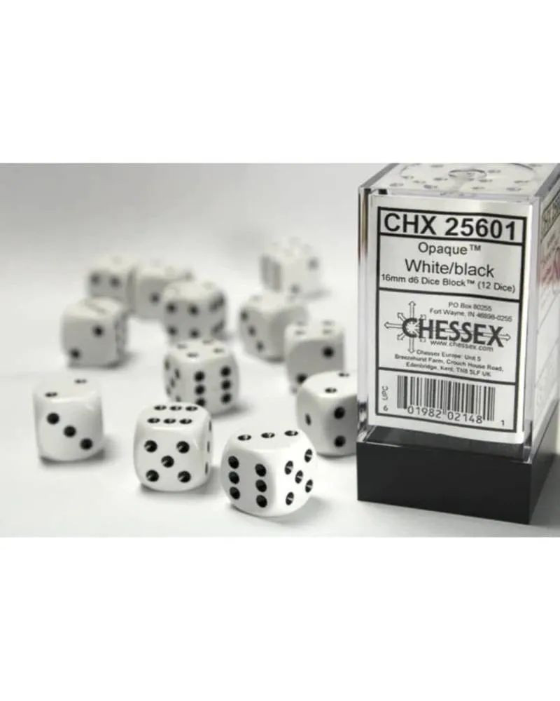 Kockice Chessex - Opaque - White & Black - Dice Block (12) 16mm 