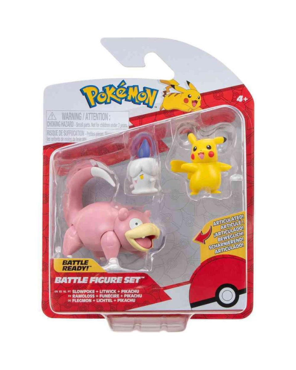 Pokemon Battle Figure Set - Pikachu (Female), Litwick And Slowpoke - Battle Read 