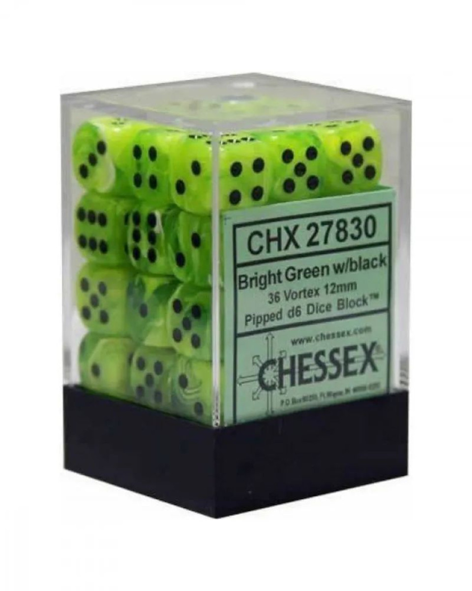 Kockice Chessex - Vortex - Bright Green & Black 12mm (36)